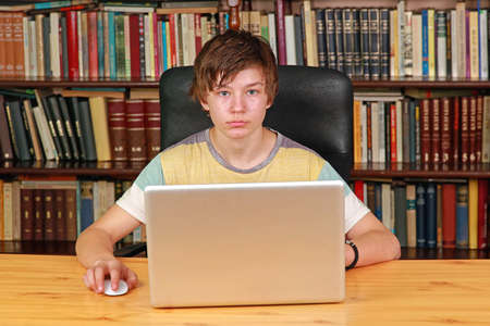 Teenage Boy at Desk With Notebook Computer in Libraryの写真素材