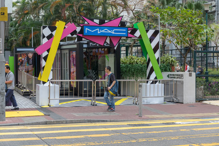 KOWLOON, HONG KONG - APRIL 21, 2017: Mac Make Up Temporary Promotion Booth at Mong Kok in Kowloon, Hong Kong.のeditorial素材