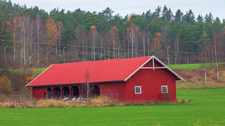 Big Red Barn at Farm in Norwayの写真素材