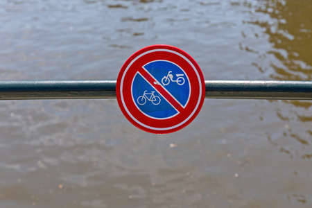 No Bicycle Parking Sign at Fence in Amsterdamの写真素材