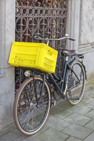 Bicycle With Big Yellow Basket for Cargoの写真素材