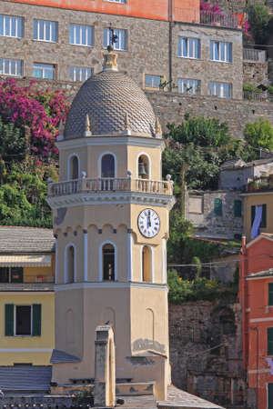 Clock and Bell Tower in Vernazza Cinque Terre Italyの写真素材