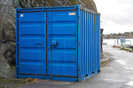 One Blue Cargo Container at Coast in Sweden