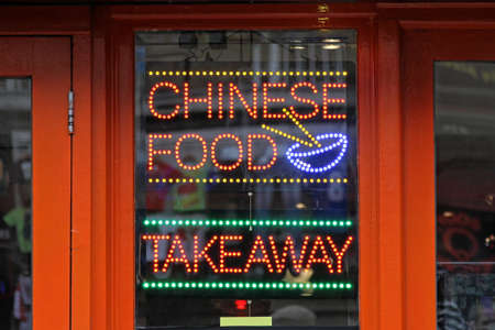 Led Sign Chinese Food Takeaway in Restaurant Windowの写真素材