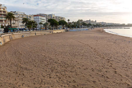 Empty Croisette Sand Beach in Cannes France at Winterの写真素材