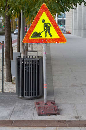 Temporary Road Works Traffic Sign at Streetの写真素材