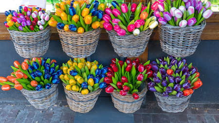Colourful Ceramic Tulips in Baskets Amsterdam Hollandの写真素材