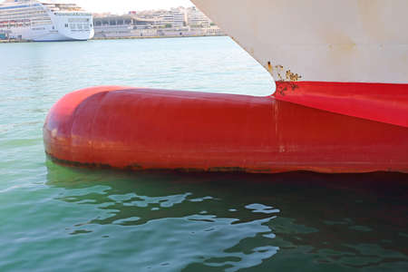Big Red Bulbous Bow at Cargo Ship Hullの写真素材