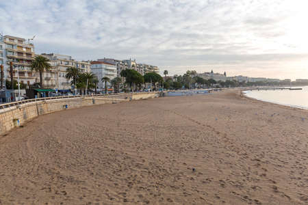 Empty Croisette Sand Beach in Cannes France at Winterの写真素材