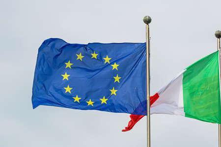 European Union EU and Italian Flags Togetherの写真素材
