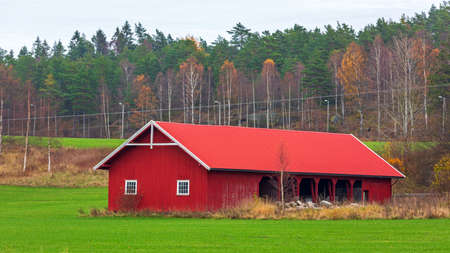 Big Red Barn at Farm in Norwayの写真素材