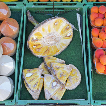 Pieces of Durian Fruit Wrapped in Foil at Farmers Market