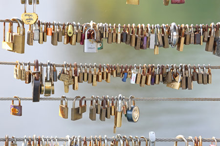 Ljubljana, Slovenia - October 13, 2014: Many Rusty Padlocks Locked at Bridge Fence in Ljubljana,...