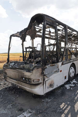Burned Coach Bus Vehicle at Highway Accident
