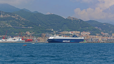 Salerno, Italy - June 28, 2014: Big Car Carrier RoRo Ship Leaving Port in Salerno, Italy.のeditorial素材