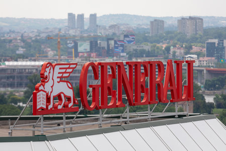 Belgrade, Serbia - June 23, 2019: Big Red Sign Generali at Top of Building in Belgrade, Serbia.のeditorial素材