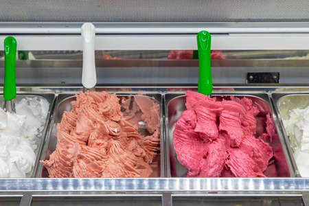 Italian Style Ice Cream Selection in Display Freezerの写真素材