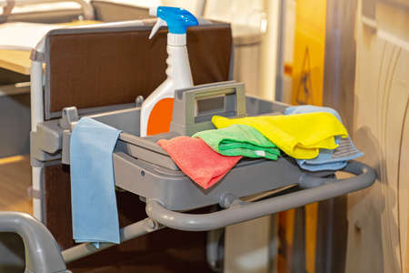 Variety of Colourful Microfiber Cloth at Janitors Cartの写真素材
