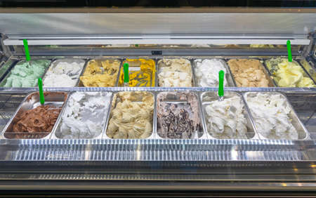 Italian Style Ice Cream Selection in Display Freezer