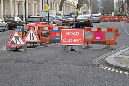 Road Works Closed Street Red Sign in Londonの写真素材