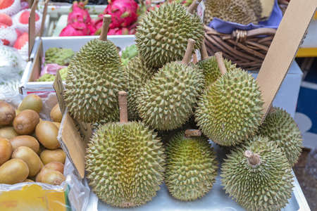 Big Bunch of Durian Tropical Fruit at Market