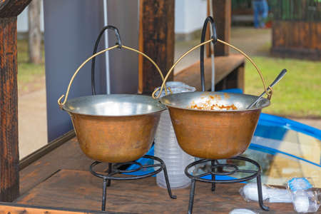 Two Cast Iron Cauldrons at Stand in Kitchen