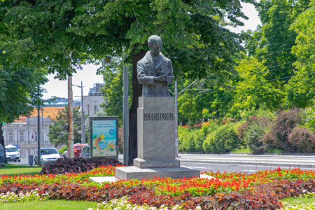Belgrade, Serbia - June 30, 2019: Bust Milan Rakic Famous Writer and Poet at Park in Belgrade, Serbia.のeditorial素材