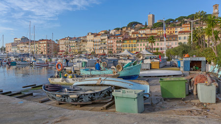 Cannes, France - February 1, 2016: Fisherman Boats With Fishing Nets Equipment at Port in Cannes, France.のeditorial素材
