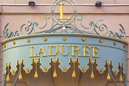 Cannes, France - February 1, 2016: Gold Sign at Famous Upscale Bakery Laduree in Cannes, France.のeditorial素材