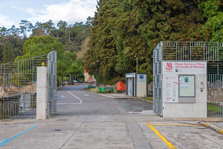 Trieste, Italy - March 7, 2020: Entrance to Historical Museum and Castle Miramare in Trieste, Italy.