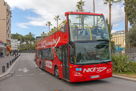 Nice, France - January 31, 2018: Big Red Open Top Tourist Bus Le Grand Tour in Nice, France.のeditorial素材