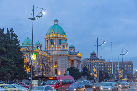Belgrade, Serbia - February 6, 2017: Festive Lights at National Assembly Government Building Winter Dusk in Belgrade, Serbia.のeditorial素材