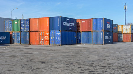 Dobanovci, Serbia - March 3, 2017: Many Cargo Containers at Terminal in Dobanovci, Serbia.