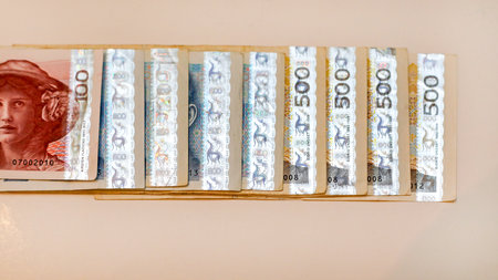 Oslo, Norway - February 21, 2017: Silver Foil Protection at Norweggian Krone Paper Banknotes in Oslo, Norwayのeditorial素材