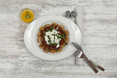 Grilled Mushrooms Goat Cheese Salad Served in Oval Dish Tabletop