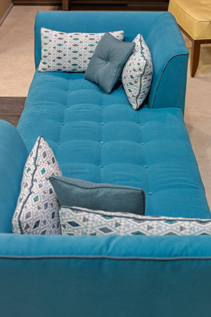 Many Pillows at Big Blue Plush Sofa