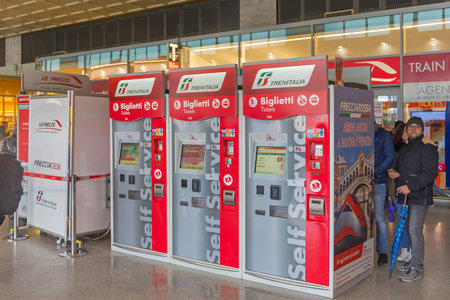 Vence, Italy - February 3, 2018: Automated Ticket Machines Trenitalia at Train Station in Vence,...