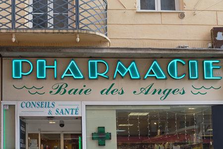 Nice, France - January 31, 2018: Neon Sign at Traditional Pharmacy in Nice, France.のeditorial素材