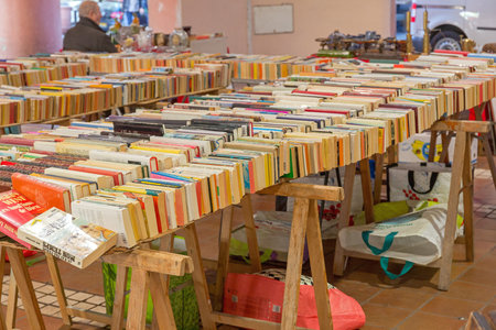 Cannes, France - February 1, 2016: Old Books for Sale at Antique Market in Cannes, France.のeditorial素材
