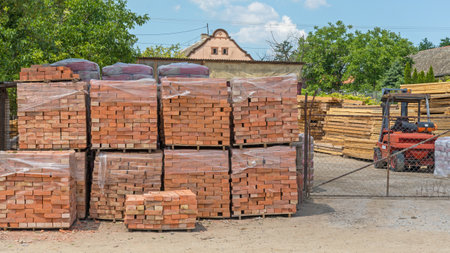 Pallets With New Bricks at Storage Warehouse