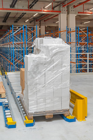 Pallet With Boxes at Floor Mountet Gravity Flow in Distribution Warehouse