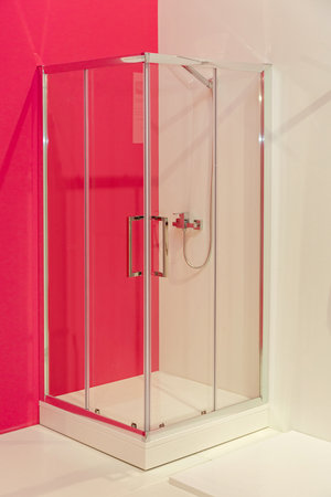 Closed Glass Shower Cabin in Modern Bathroom Cornerの写真素材