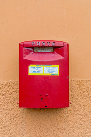 Portofino, Italy - February 1, 2018: Italian Post Red Mail Box in Portofino, Italy.のeditorial素材