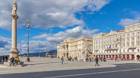 Trieste, Italy - March 7, 2020: Few People at Unity Square Sunny Winter Day in Trieste, Italy.のeditorial素材