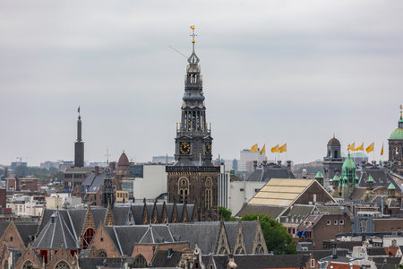 Church Rooftops Cityscape Amsterdam Netherlands at Cloudy Dayのeditorial素材