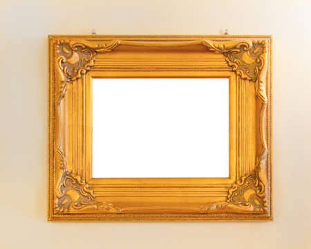 Golden Picture Frame at Wall Medieval Artの写真素材