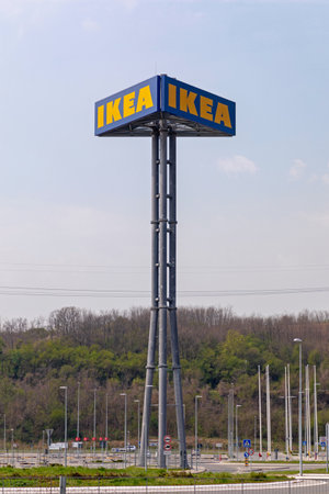 Belgrade, Serbia - April 13, 2020: Famous Swedish Ikea Store Sign Tower Near Belgrade, Serbia.のeditorial素材