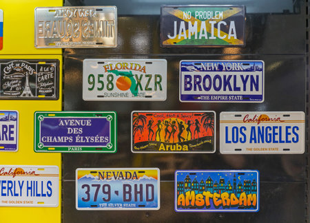 Belgrade, Serbia - March 22, 2018: Various Funny Custom and Personalized License Plates at Car Expo Fair.のeditorial素材