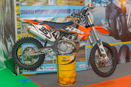 Belgrade, Serbia - March 22, 2018: Ktm Motorcycle for European Moto Cross Championship at Expo Fair.のeditorial素材