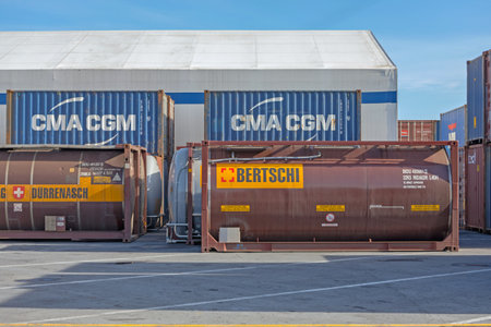 Dobanovci, Serbia - March 3, 2017: Tank Container With Electric Heating System at Cargo Terminal in Dobanovci, Serbia.のeditorial素材